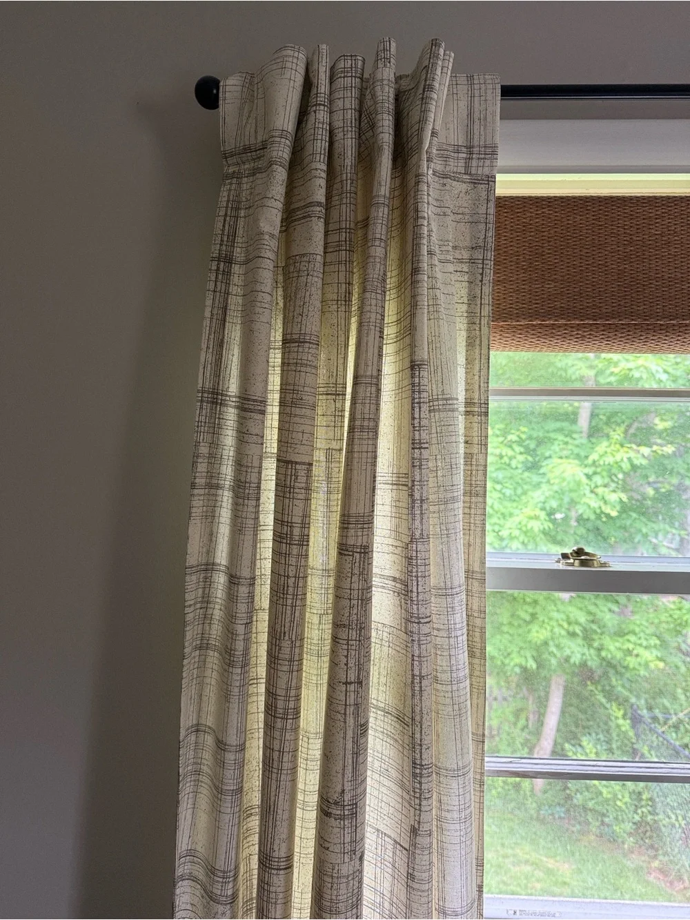 West Elm Cream and Gray Cotton Grid Curtain Panel